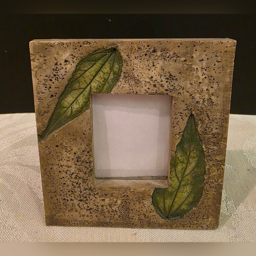 Vtg Picture Frame Pressed Leaves Natural Stone Look 4.25"×3.5"/2"×1.5"